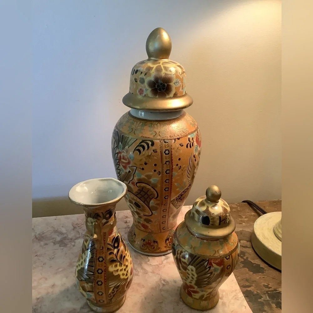 Set Vintage Asian Satsuma Style Ginger Jars + Vase - Picture 4 of 12
